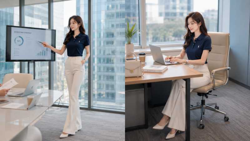 Cách phối quần ống loe với áo phông cổ bẻ - Nguồn: Internet