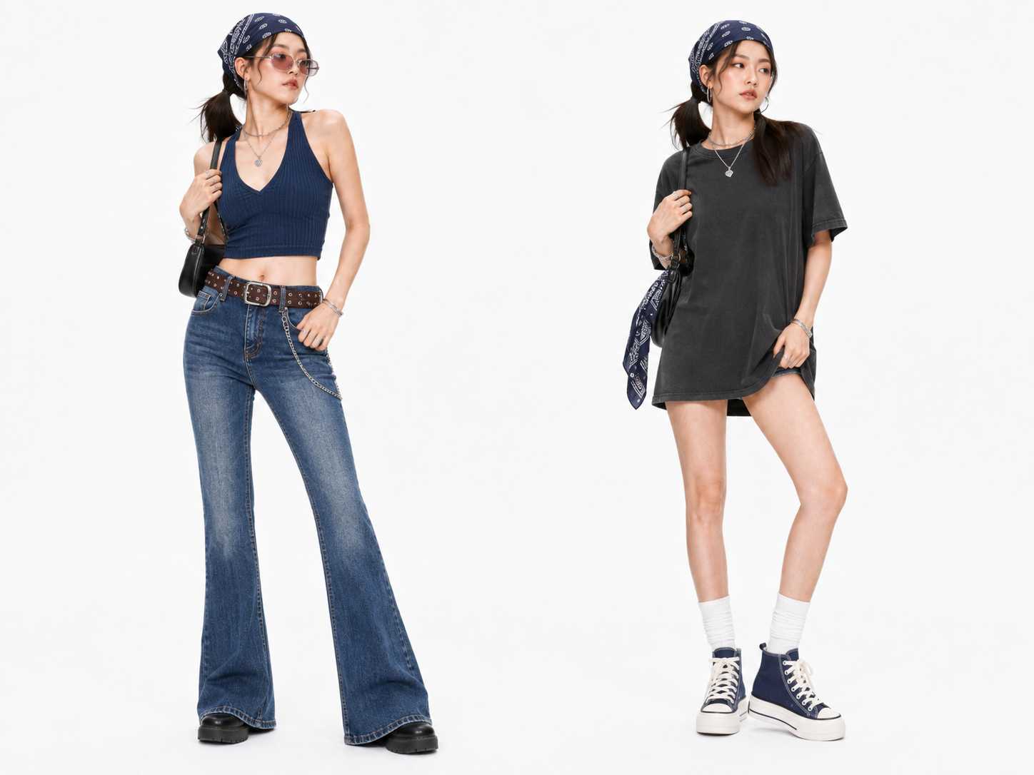 Tóc buộc hai bên thấp phối khăn bandana gợi nhớ phong cách của những thập niên trước